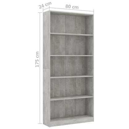 Boekenkast Met 5 Schappen Bewerkt Hout 80 x 24 x 175 cm Betongrijs