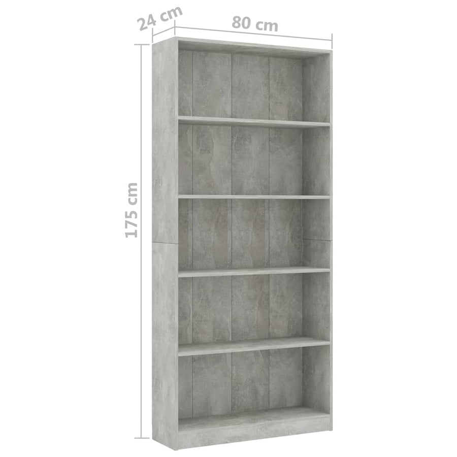 Boekenkast Met 5 Schappen Bewerkt Hout 80 x 24 x 175 cm Betongrijs