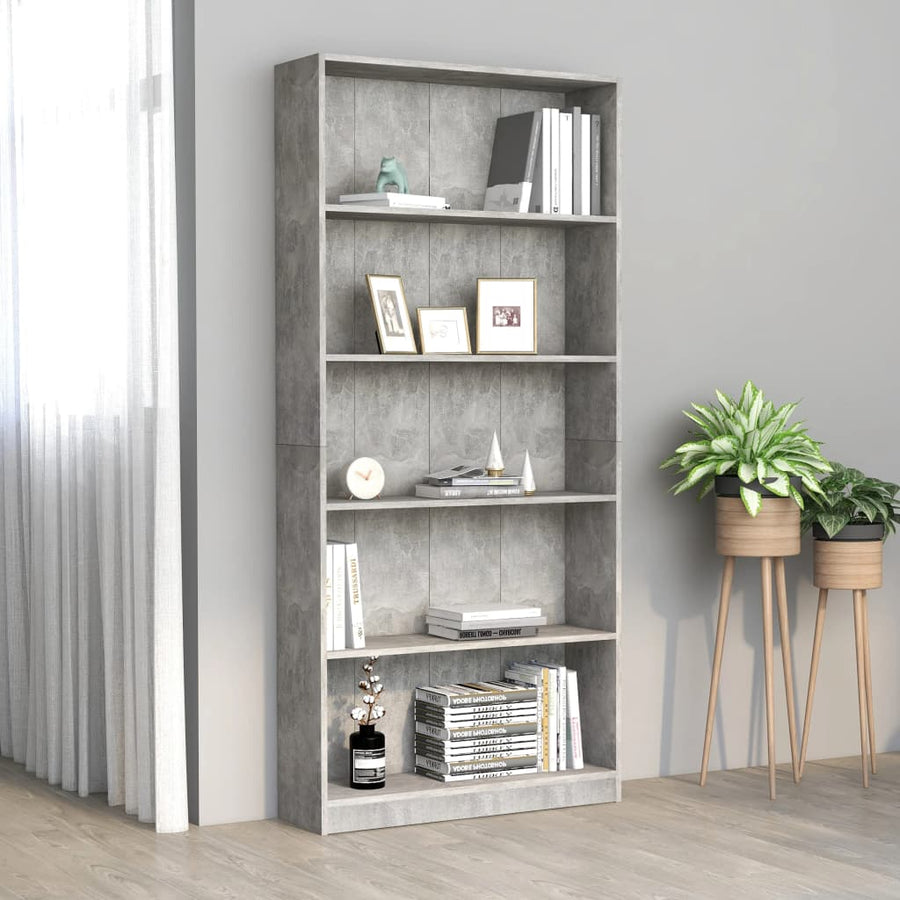 Boekenkast Met 5 Schappen Bewerkt Hout 80 x 24 x 175 cm Betongrijs