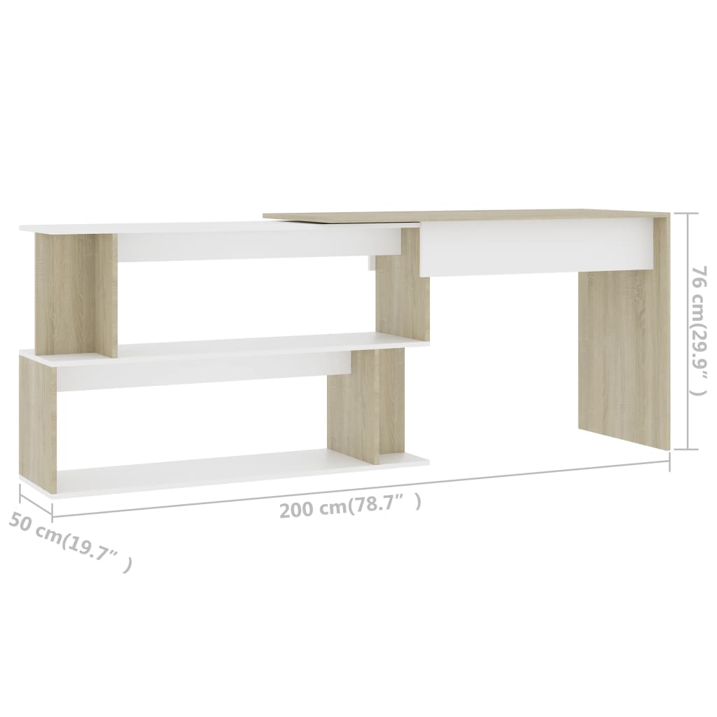 Hoekbureau 200X50X76 Cm Bewerkt Hout Kleurig Wit en sonoma eiken