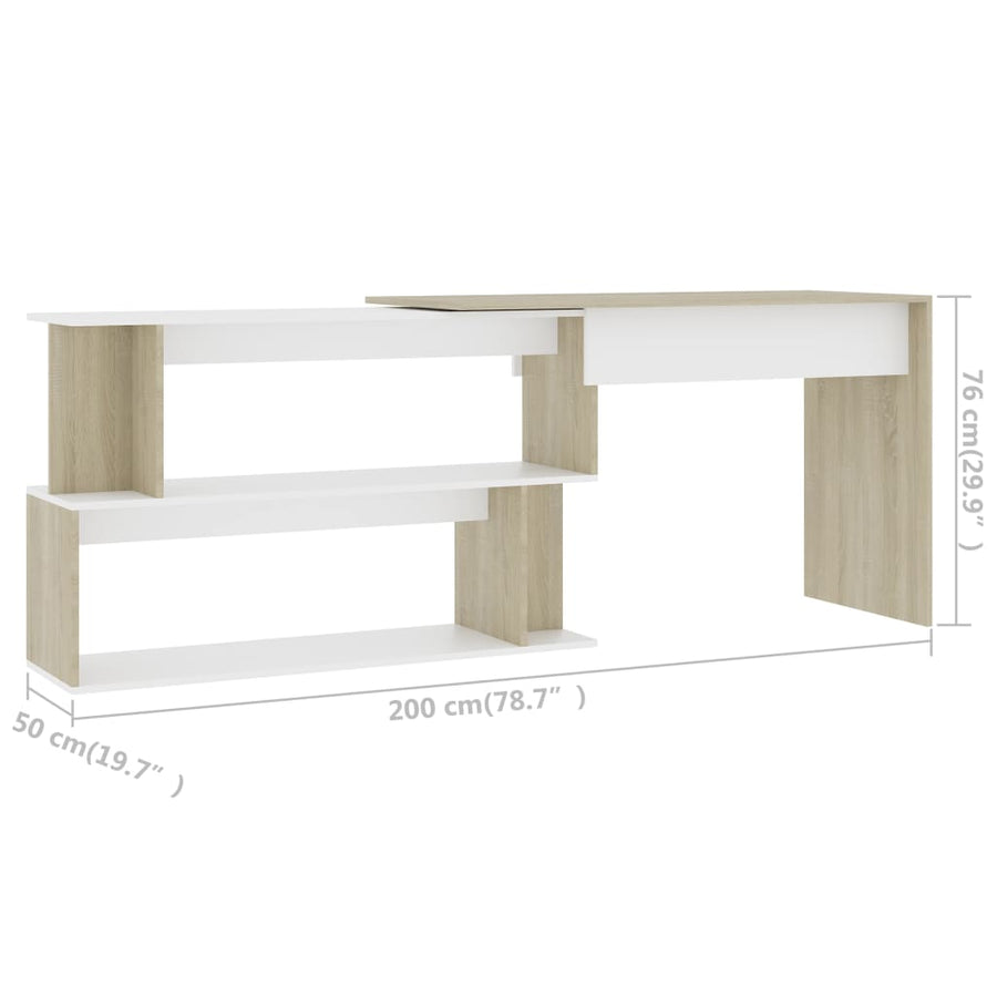 Hoekbureau 200X50X76 Cm Bewerkt Hout Kleurig Wit en sonoma eiken