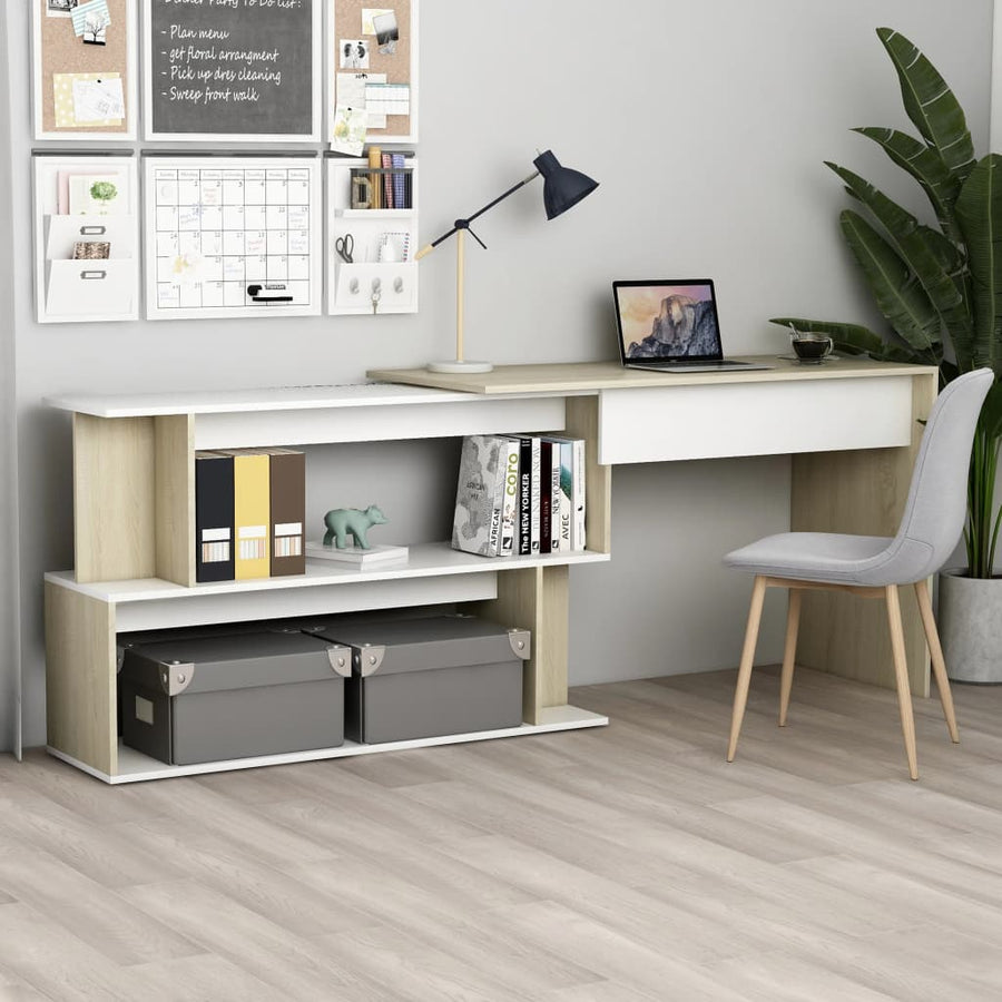 Hoekbureau 200X50X76 Cm Bewerkt Hout Kleurig Wit en sonoma eiken