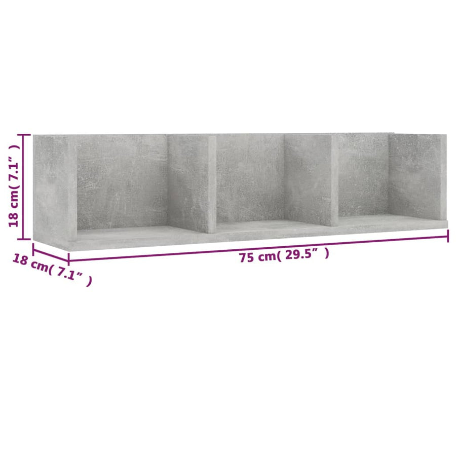 Cd-wandschap 75x18x18 cm bewerkt hout betongrijs Betongrijs