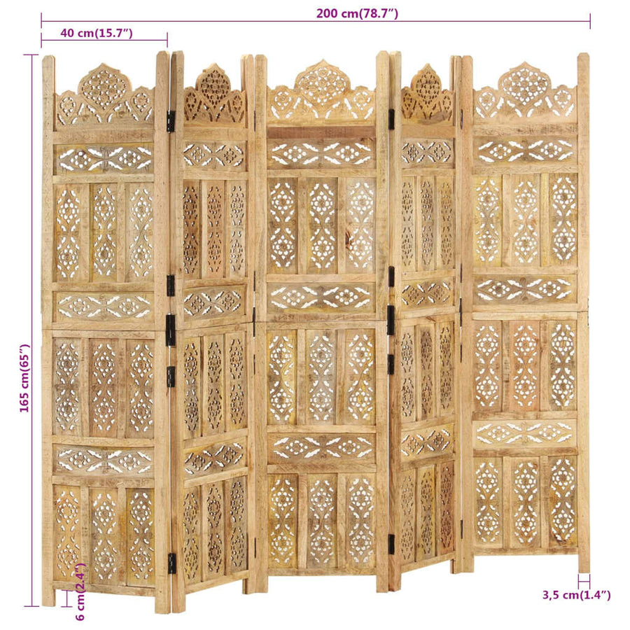 Kamerscherm Panelen Handgesneden 200X16 Cm Massief Mangohout 5 Lichtbruin