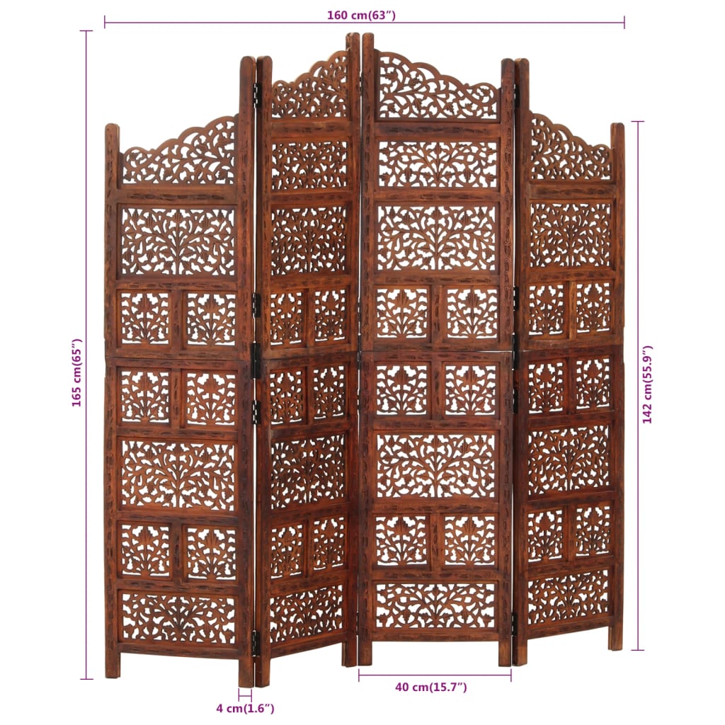 Kamerscherm 4 panelen handgesneden 160x165 cm mangohout bruin