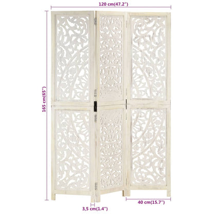 Kamerscherm Met 3 Panelen Handgesneden 20X65 Cm Mangohout Wit
