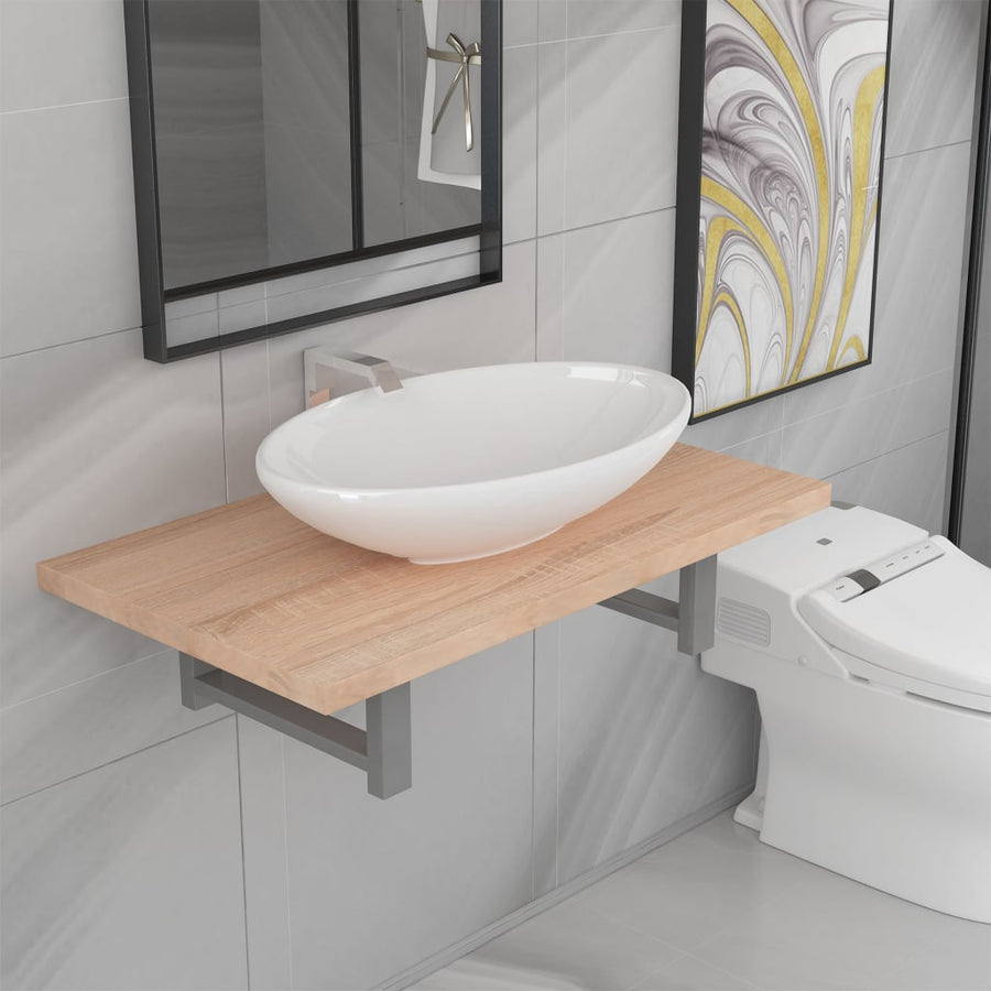 2-Delige Badkamermeubelset Keramiek Eikenkleurig 60 cm schap en 40 cm ovale wastafel Bruin