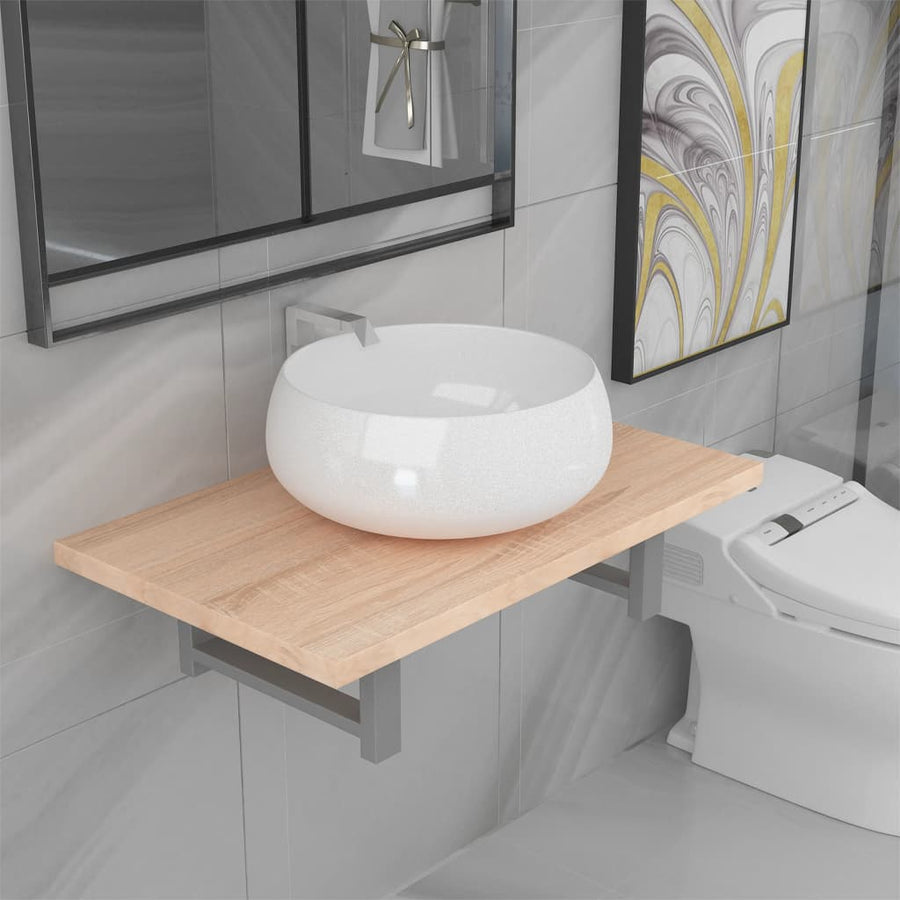 2-Delige Badkamermeubelset Keramiek Eikenkleurig 60 cm schap en 40 cm ronde wastafel Bruin
