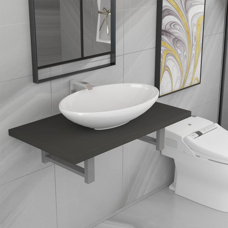 2-Delige Badkamermeubelset Keramiek Grijs 60 cm schap en 40 cm ovale wastafel