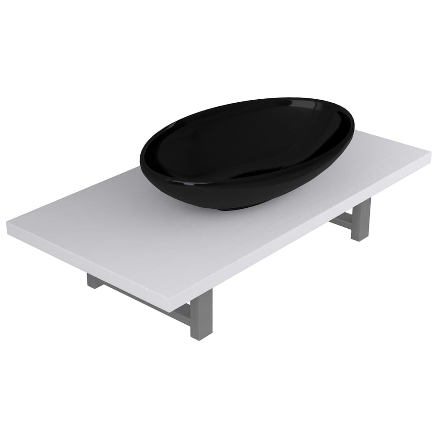 2-Delige Badkamermeubelset Keramiek Wit 60 cm schap en 40 cm ovale wastafel Wit en zwart