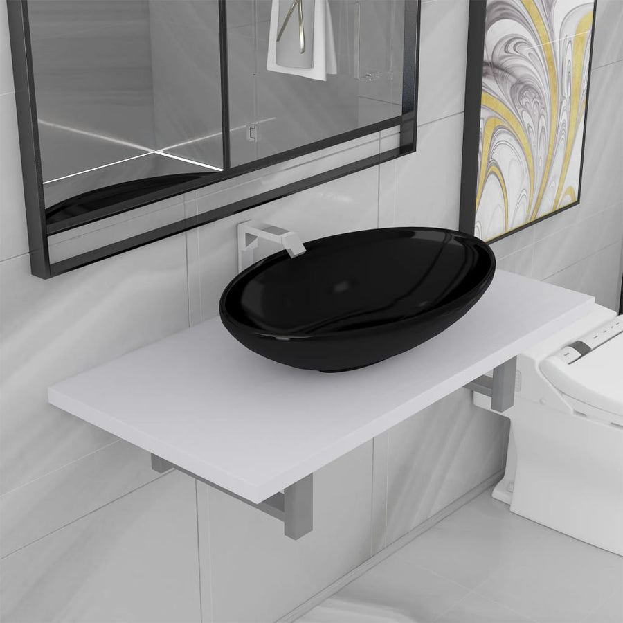2-Delige Badkamermeubelset Keramiek Wit 60 cm schap en 40 cm ovale wastafel Wit en zwart
