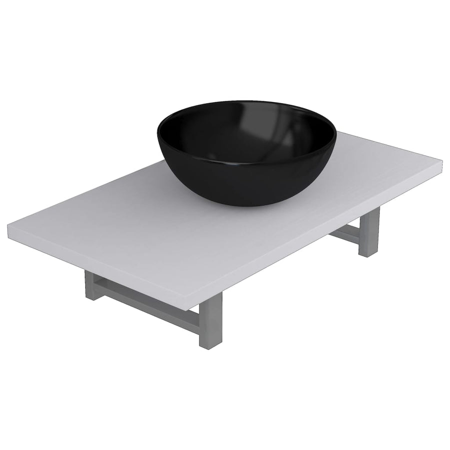 2-Delige Badkamermeubelset Keramiek Wit 60 cm schap en 32,5 cm ronde wastafel Wit en zwart