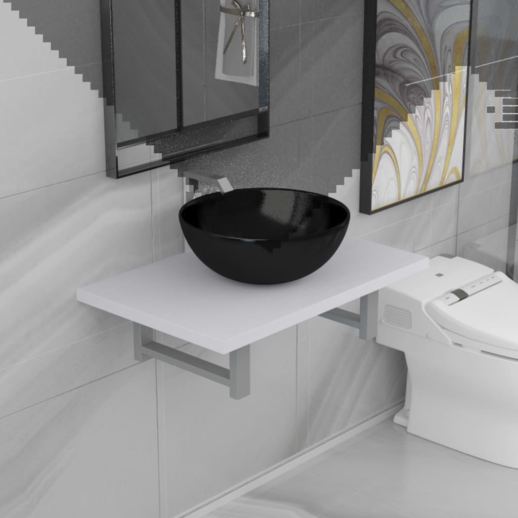 2-Delige Badkamermeubelset Keramiek Wit 60 cm schap en 32,5 cm ronde wastafel Wit en zwart