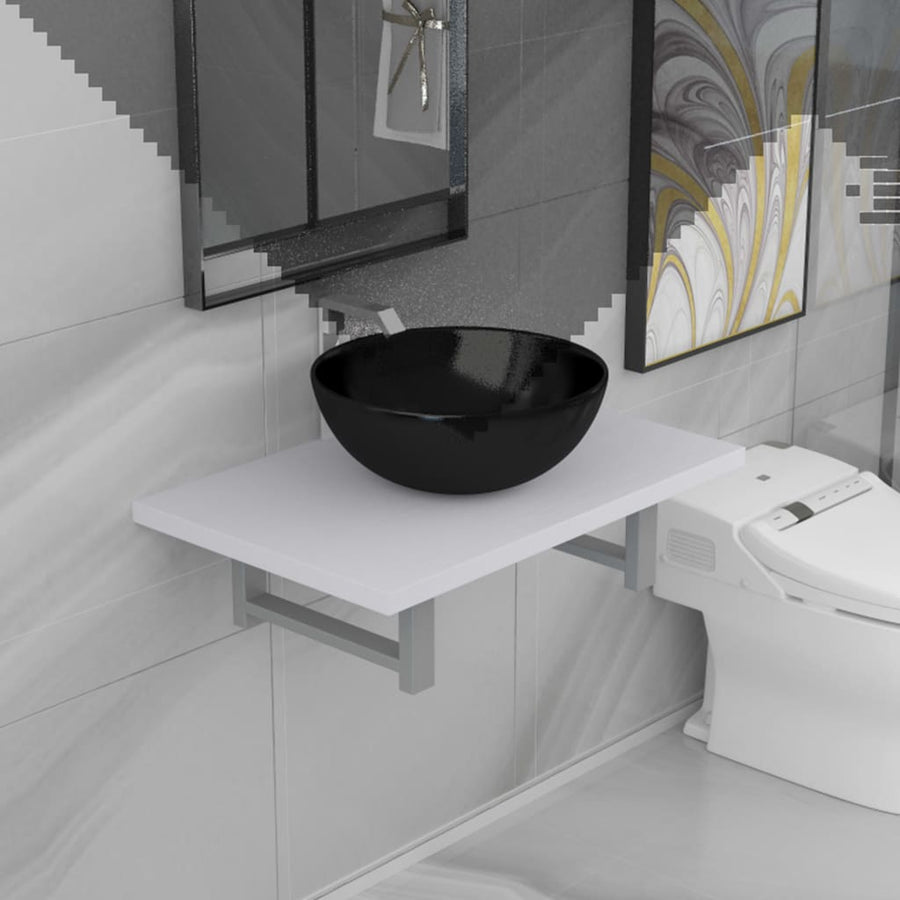 2-Delige Badkamermeubelset Keramiek Wit 60 cm schap en 32,5 cm ronde wastafel Wit en zwart