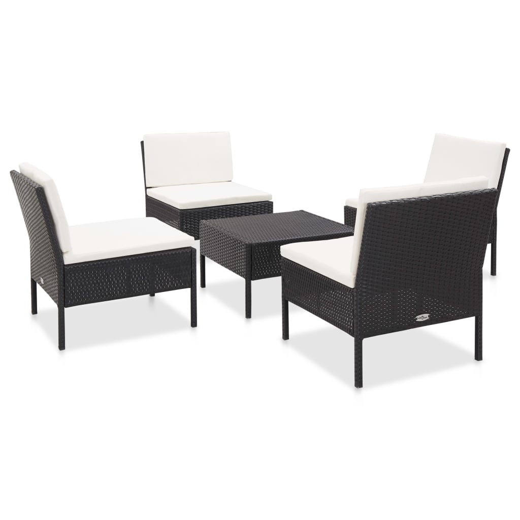 5-delige Loungeset met kussens poly rattan zwart