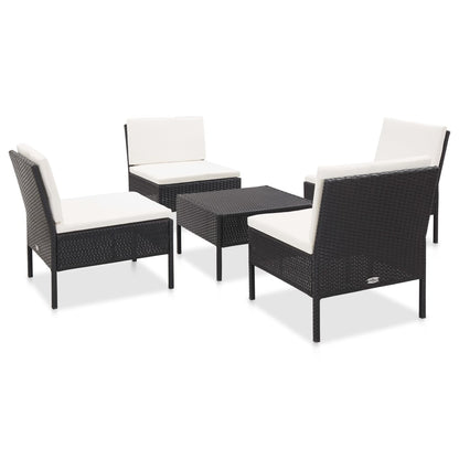 5-delige Loungeset met kussens poly rattan zwart