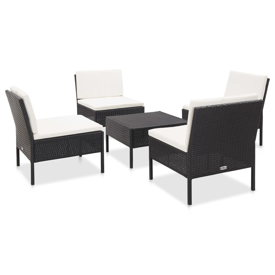 5-delige Loungeset met kussens poly rattan zwart