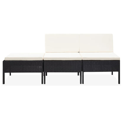 3-delige Loungeset met kussens poly rattan zwart