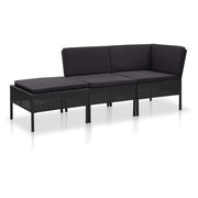 Loungeset poly rattan 3-delig zwart met kussens