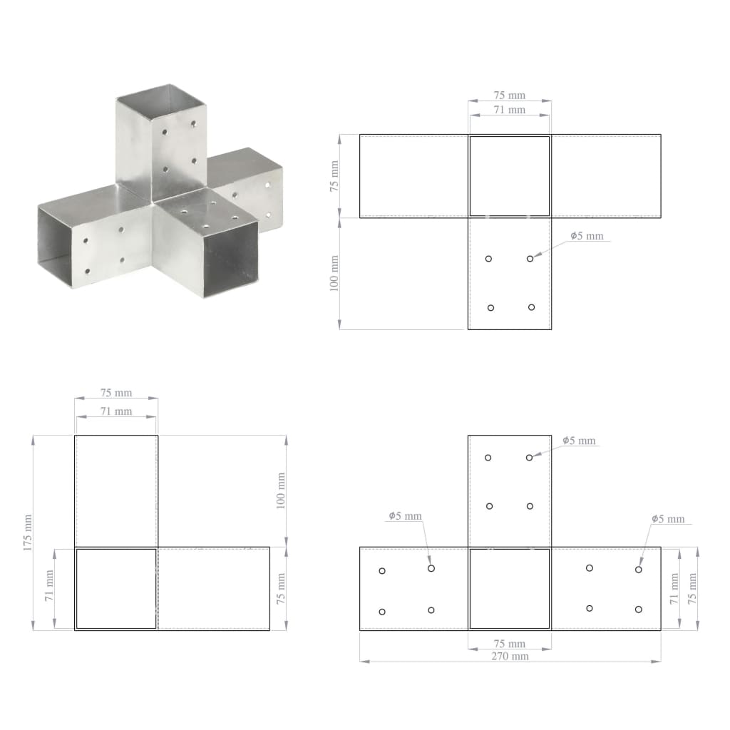 Paalverbindingen 4 st X-vorm 71x71 mm gegalvaniseerd metaal