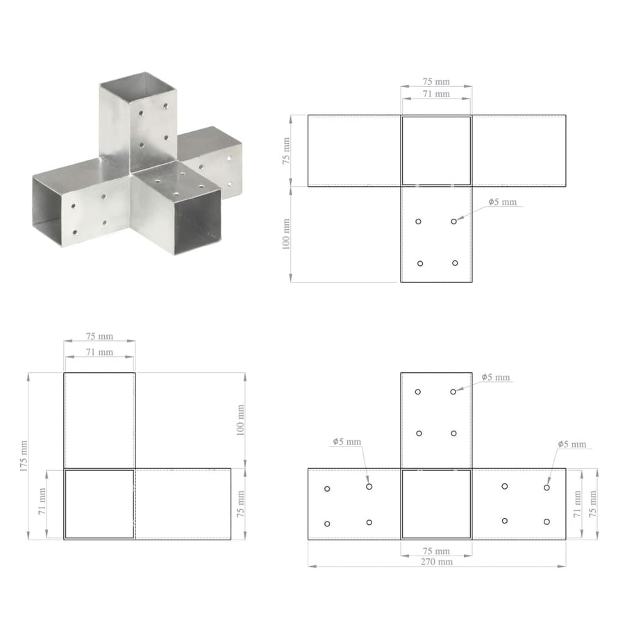 Paalverbindingen 4 st X-vorm 71x71 mm gegalvaniseerd metaal