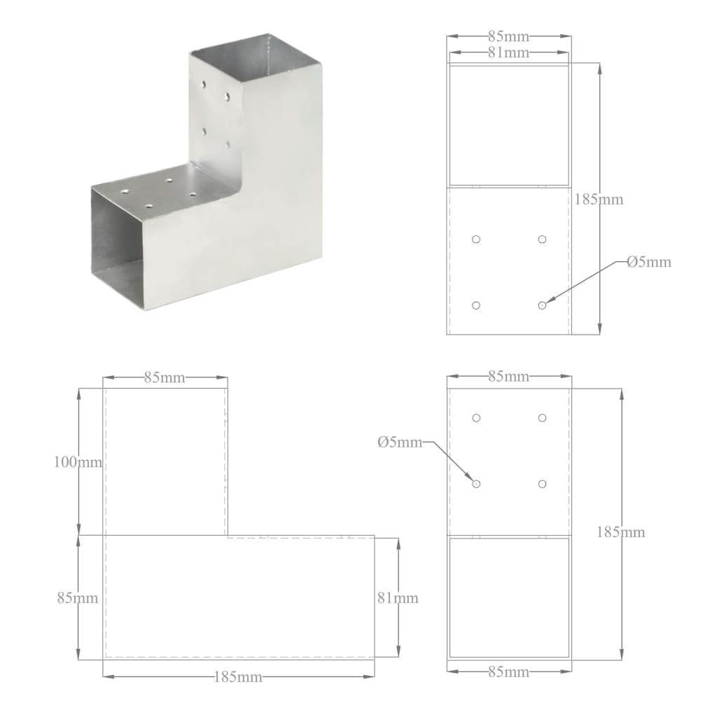Paalverbindingen 4 st L-vorm 81x81 mm gegalvaniseerd metaal 81 x 81 mm L-vorm