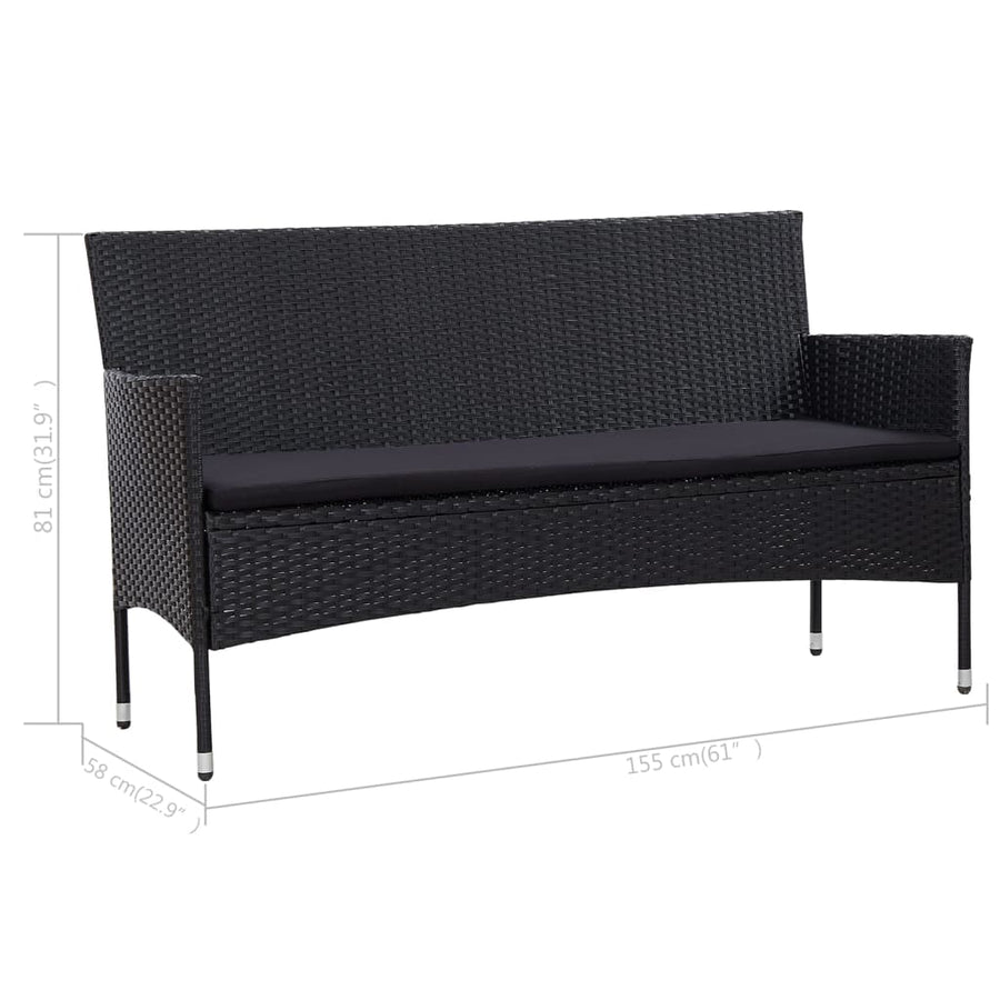 Tuinbank 3-zits met kussens poly rattan zwart
