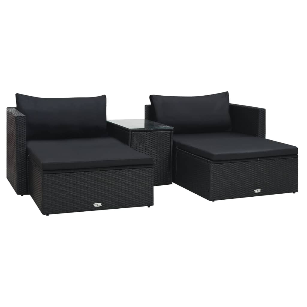 5-delige Loungeset met kussens poly rattan zwart