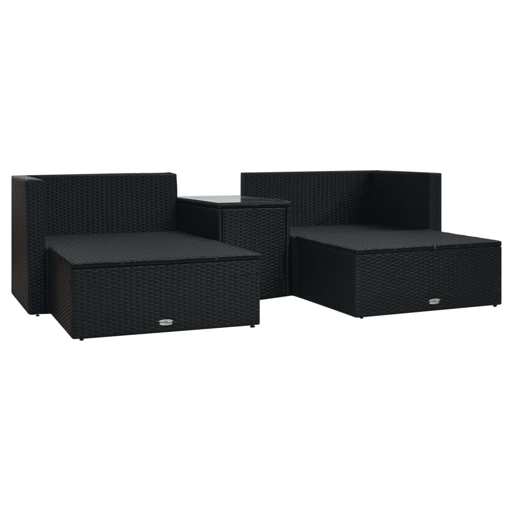 5-delige Loungeset met kussens poly rattan zwart