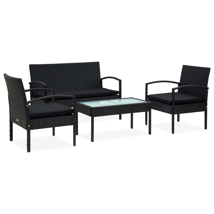 4-delige Loungeset met kussens poly rattan zwart