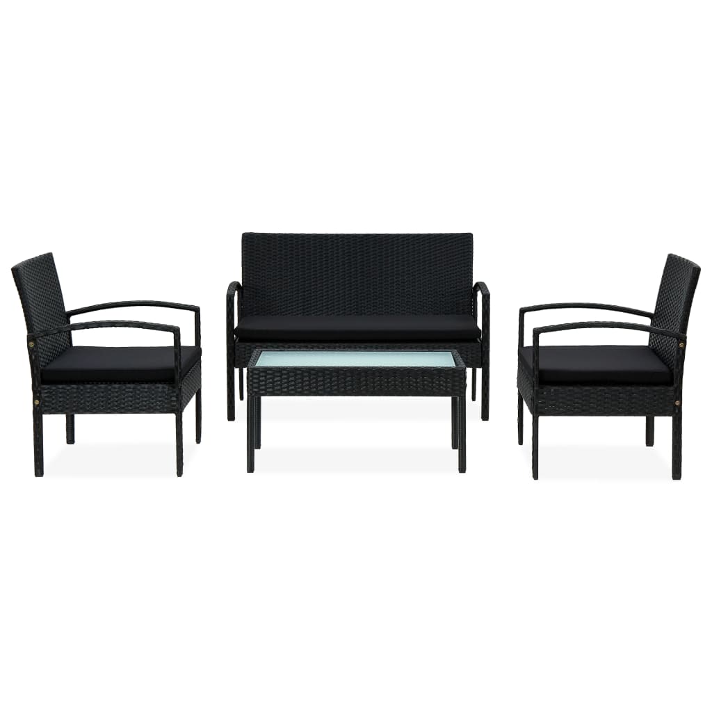 4-delige Loungeset met kussens poly rattan zwart