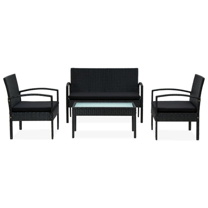 4-delige Loungeset met kussens poly rattan zwart