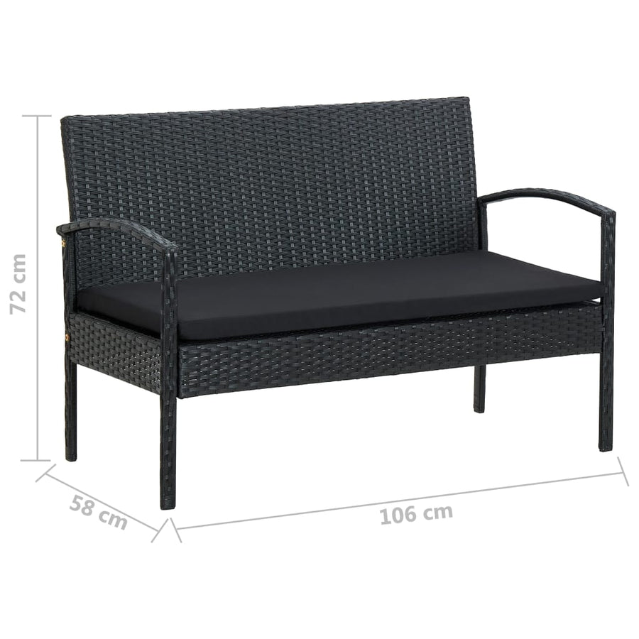 4-delige Loungeset met kussens poly rattan zwart