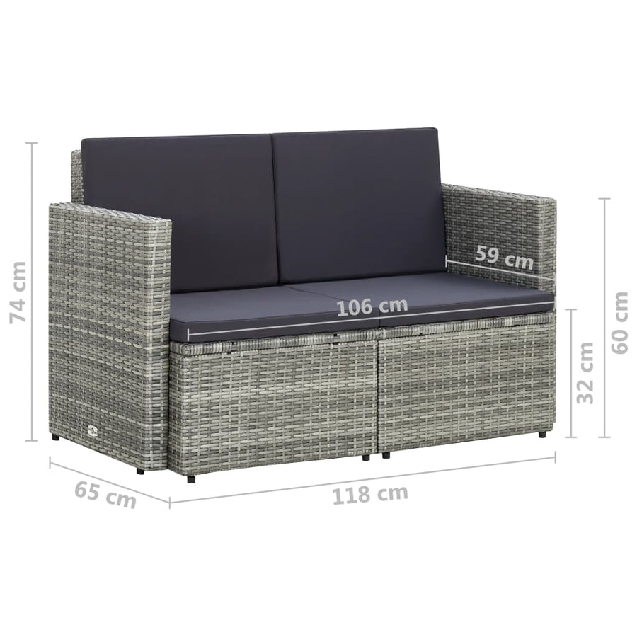 Tuinbank 2-Zits Met Kussens Poly Rattan Grijs