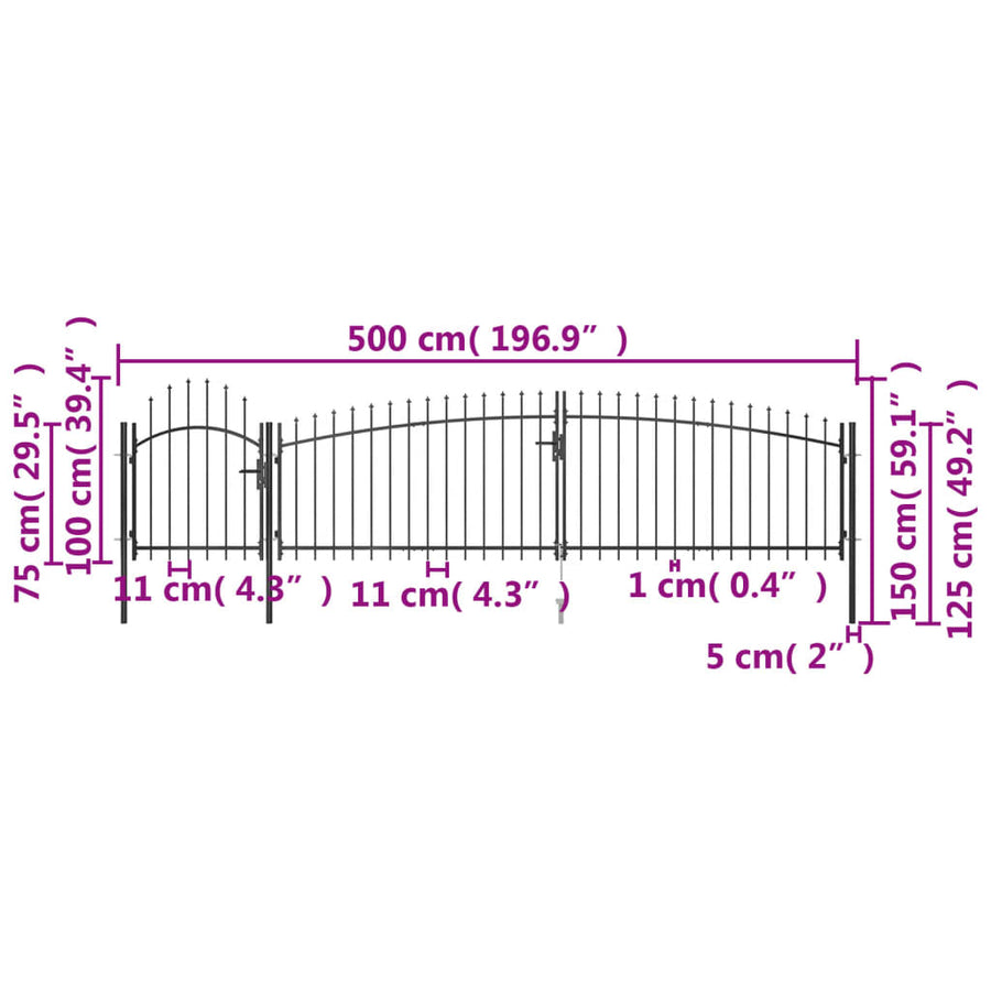 Poort Met Speren Bovenkant 5X1,5 M Zwart 5 x 1.5 m