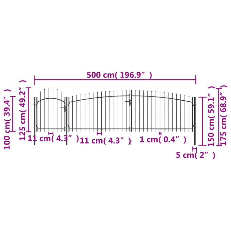 Poort Met Speren Bovenkant 5X1,75 M Zwart 5 x 1.75 m