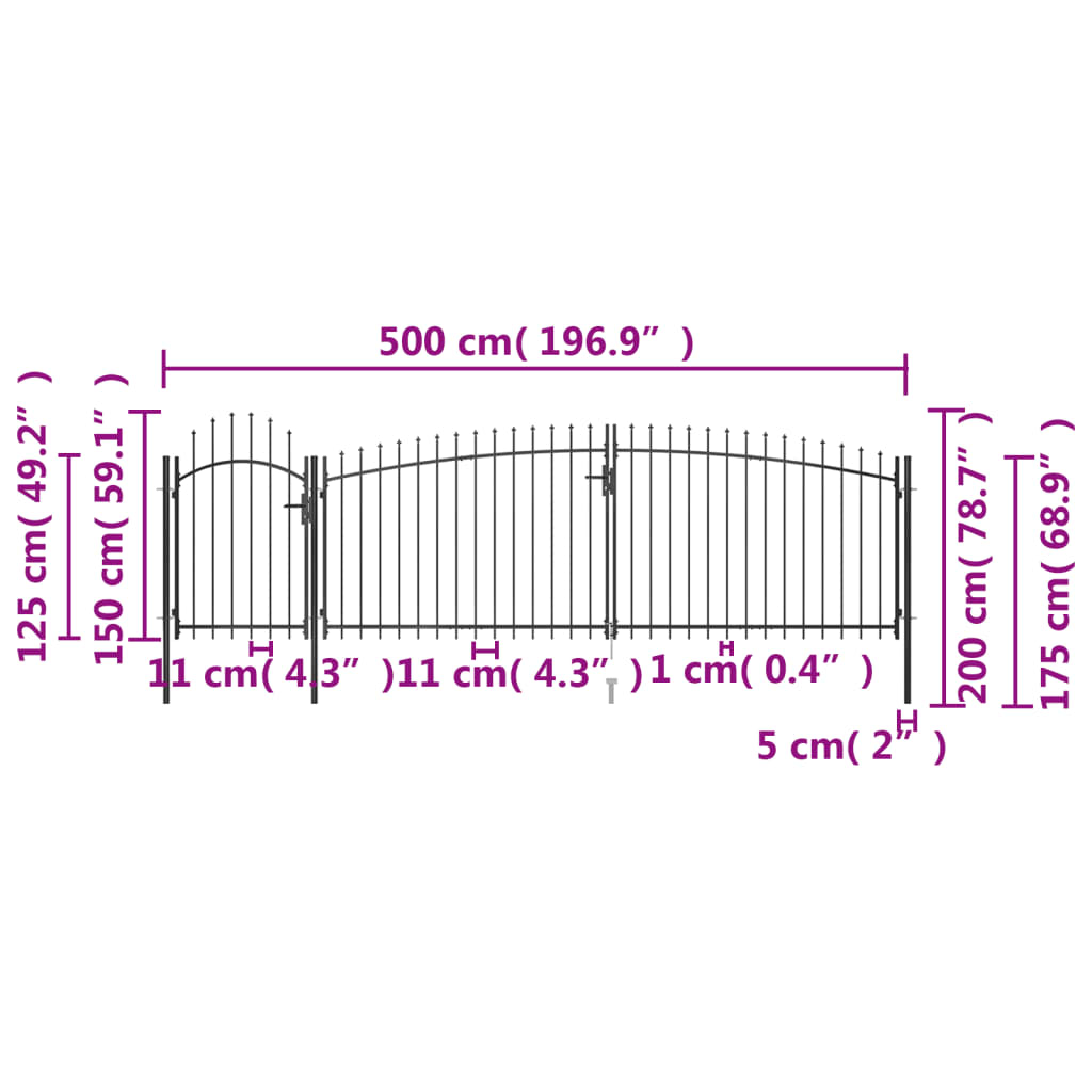 Poort Met Speren Bovenkant 5X2 M Zwart 5 x 2 m