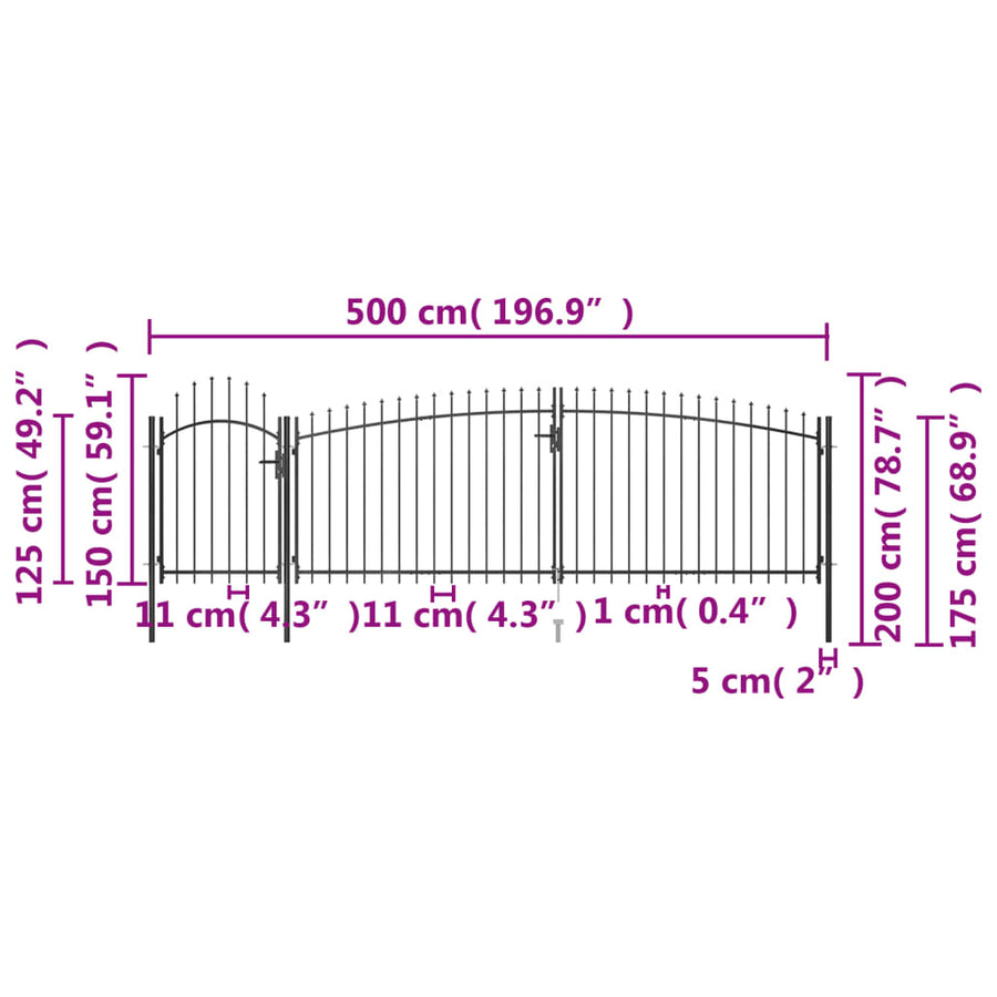 Poort Met Speren Bovenkant 5X2 M Zwart 5 x 2 m