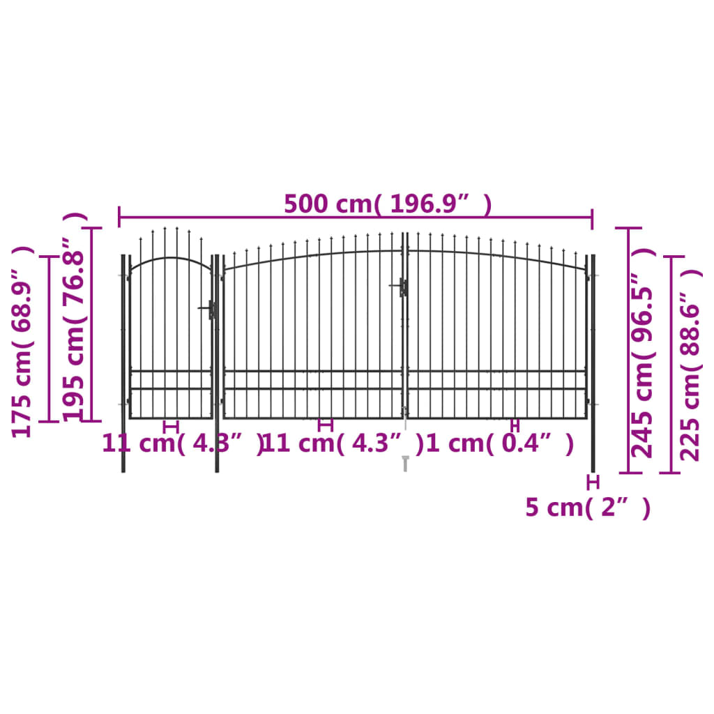 Poort Met Speren Bovenkant 5X2,45 M Zwart 5 x 2.45 m