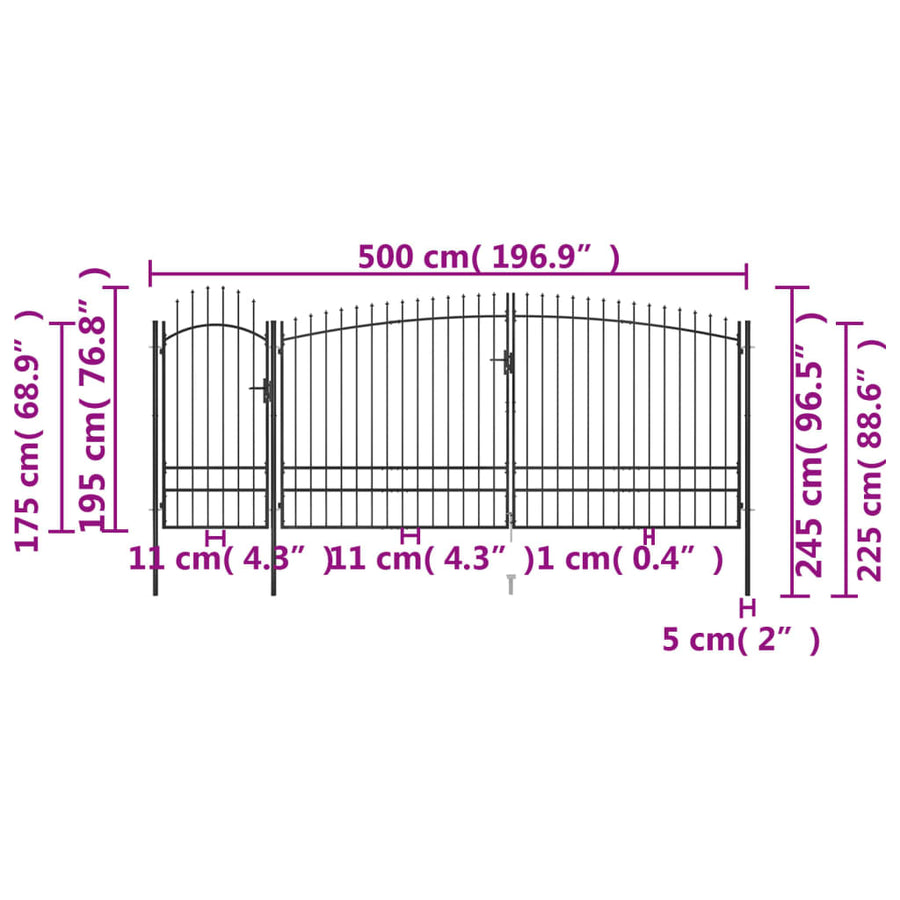 Poort Met Speren Bovenkant 5X2,45 M Zwart 5 x 2.45 m