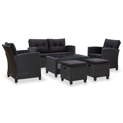 6-delige Loungeset met kussens poly rattan zwart