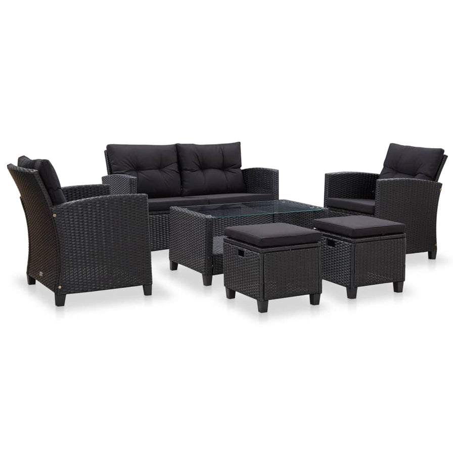 6-delige Loungeset met kussens poly rattan zwart