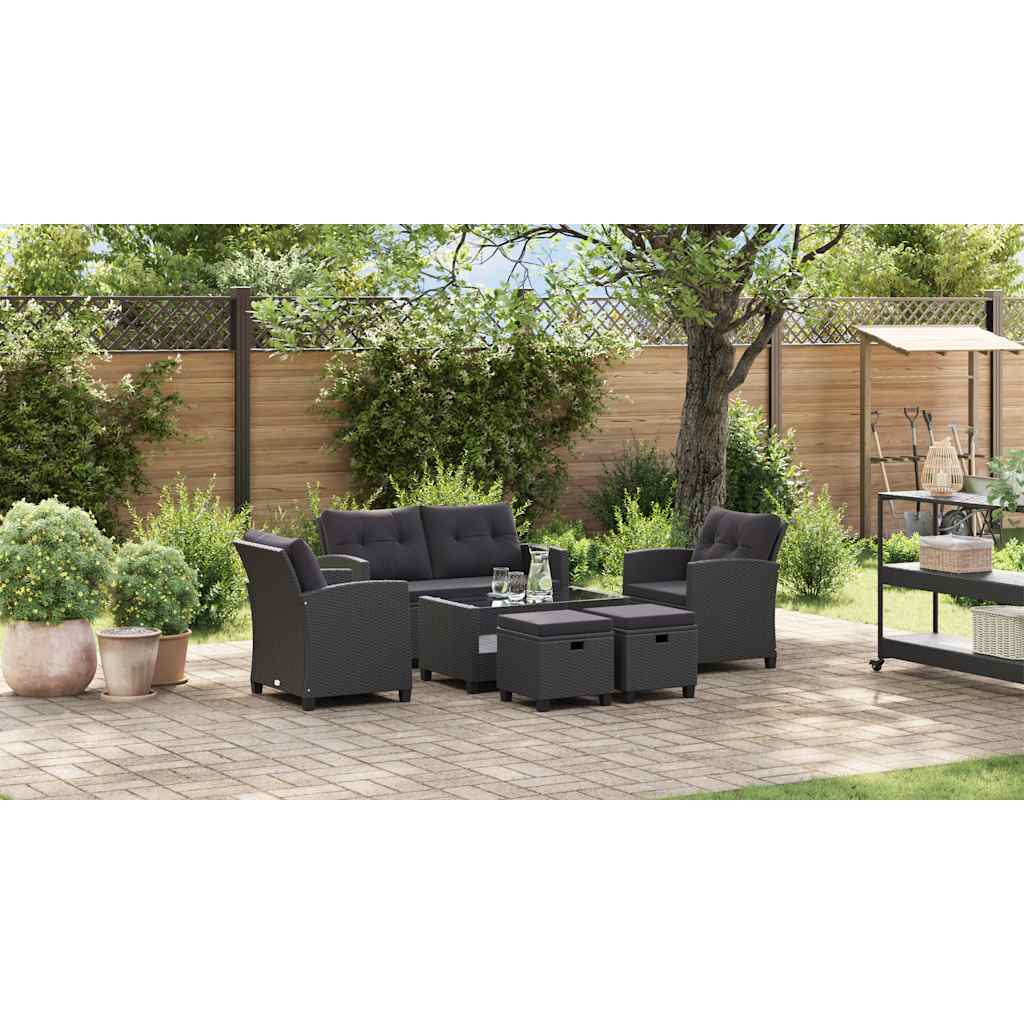 6-delige Loungeset met kussens poly rattan zwart