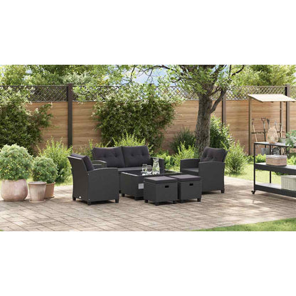 6-delige Loungeset met kussens poly rattan zwart