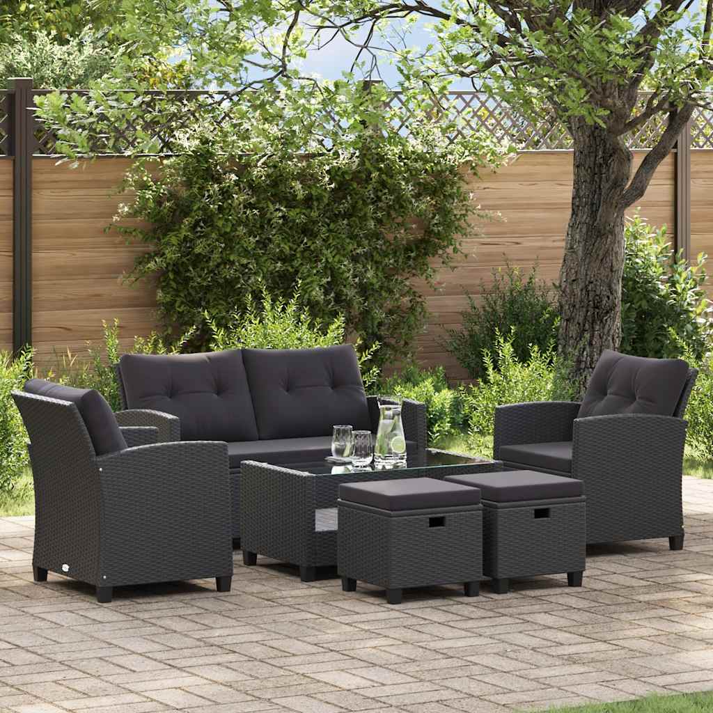 6-delige Loungeset met kussens poly rattan zwart