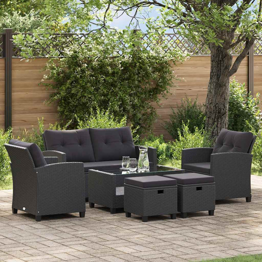 6-delige Loungeset met kussens poly rattan zwart