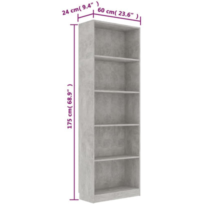 Boekenkast Met 5 Schappen Bewerkt Hout 60 x 24 x 175 cm Betongrijs