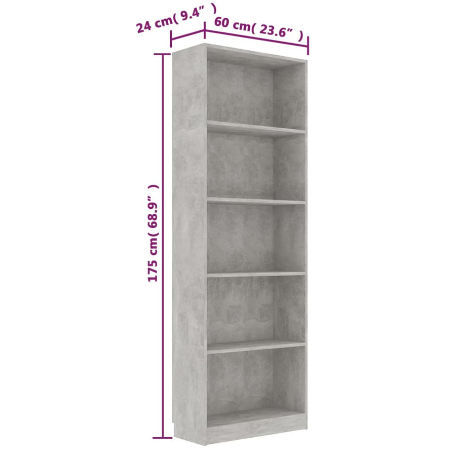 Boekenkast Met 5 Schappen Bewerkt Hout 60 x 24 x 175 cm Betongrijs