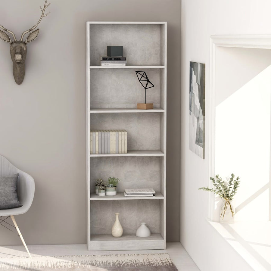 Boekenkast Met 5 Schappen Bewerkt Hout 60 x 24 x 175 cm Betongrijs