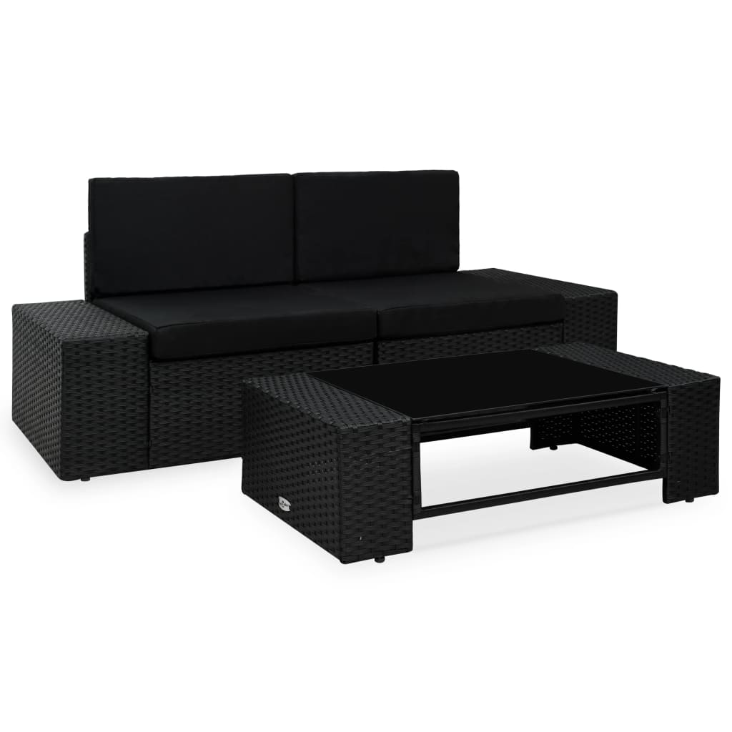 3-Delige Loungeset Poly Rattan Zwart Hoekbank (linkerarmleuning) + hoekbank (rechterarmleuning) + salontafel